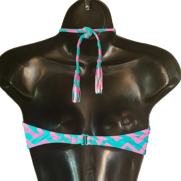 Billabong 2 Piece Swimsuit wit tasseled Halter nylon Pink Blue Chevron Bikini. - Picture 5 of 8